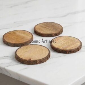 Handcrafted Natural Mango Wood  Coasters with Bark Edge – Set of 4 Rustic Mango Wood Drink Holders for Coffee Tables, Desks, and Home Décor