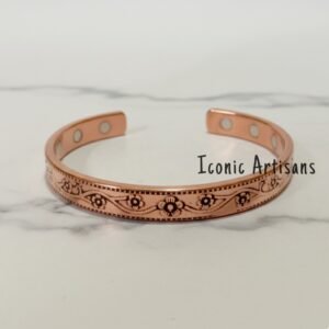 Handcrafted Floral Vine Pure Copper Magnetic Therapy Bracelet – Elegant Engraved 6-Magnet Wellness Cuff
