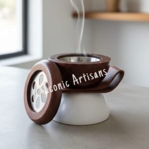 Modern  Wooden Bakhoor Incense Burner - Unique Damru Design Mabkhara with Leather Accents