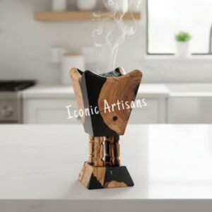 Elegant Handcrafted Olive Wood & Onyx Black Resin Bakhoor Burner | Modern Geometric Incense Holder