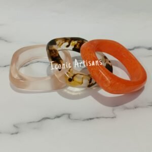 Handmade Artisan Resin Bangle Set - Trio of Sunset Orange, Tortoise Shell, and Nude Peach Chunky Bracelets