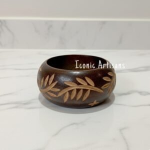 Hand-Carved Natural Wooden Bangle - Dark Walnut Finish Statement Bracelet with Intricate Leaf Engravings