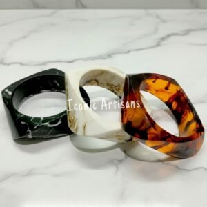 Handmade Artisan Resin Bangle Set - Trio of Chunky Metallic Foil, Marble, and Tortoise Shell Statement Bracelets for Women