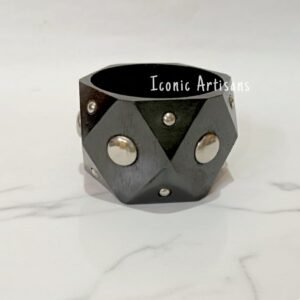 Bold Geometric Studded Wooden Bangle - Hexagonal Faceted Black Statement Bracelet with Metallic Accents