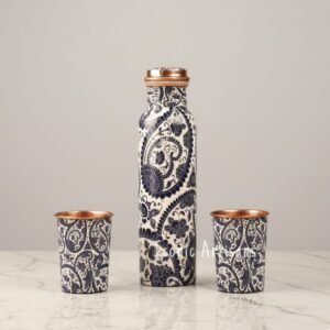 Premium Handcrafted Pure Copper Water Bottle Set (1 Litre) with 2 Matching Glass | Leak-Proof, Ayurvedic Health Benefits | Designer Navy Blue Paisley Print