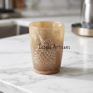 Handcrafted Engraved Wolf Horn Tumbler – Natural Buffalo Horn Drinking Cup with Wooden Base & Viking Inspired Design