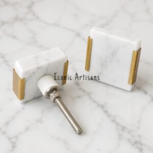 White Marble Door Knob with Brass Accent – Handmade Stone Cabinet & Furniture Hardware