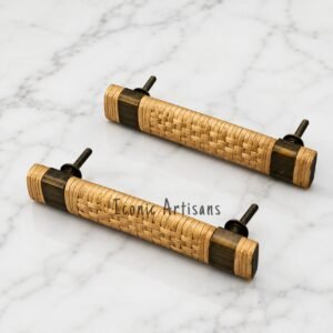 Handcrafted Rattan Door Handle with Antique Brass Accents – Woven Cane Pull Handle for Doors & Furniture