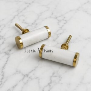 White Marble Door Knob with Gold Brass Accents – Cylindrical Stone Cabinet & Furniture Hardware